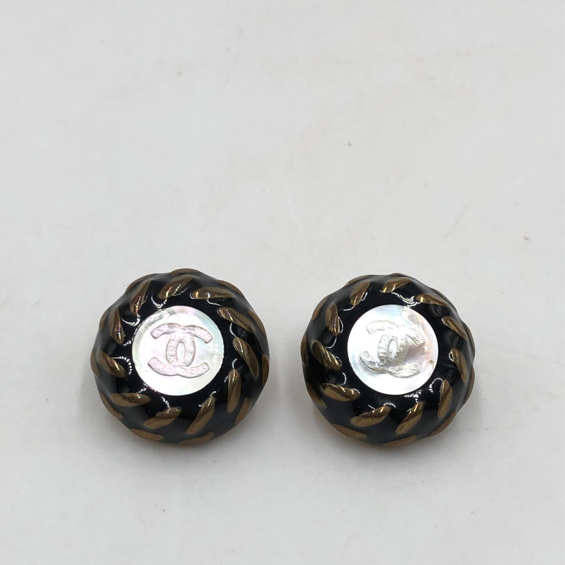Chanel CC Button Clip-On Earrings - Preloved Elegance in Black, White, and Gold