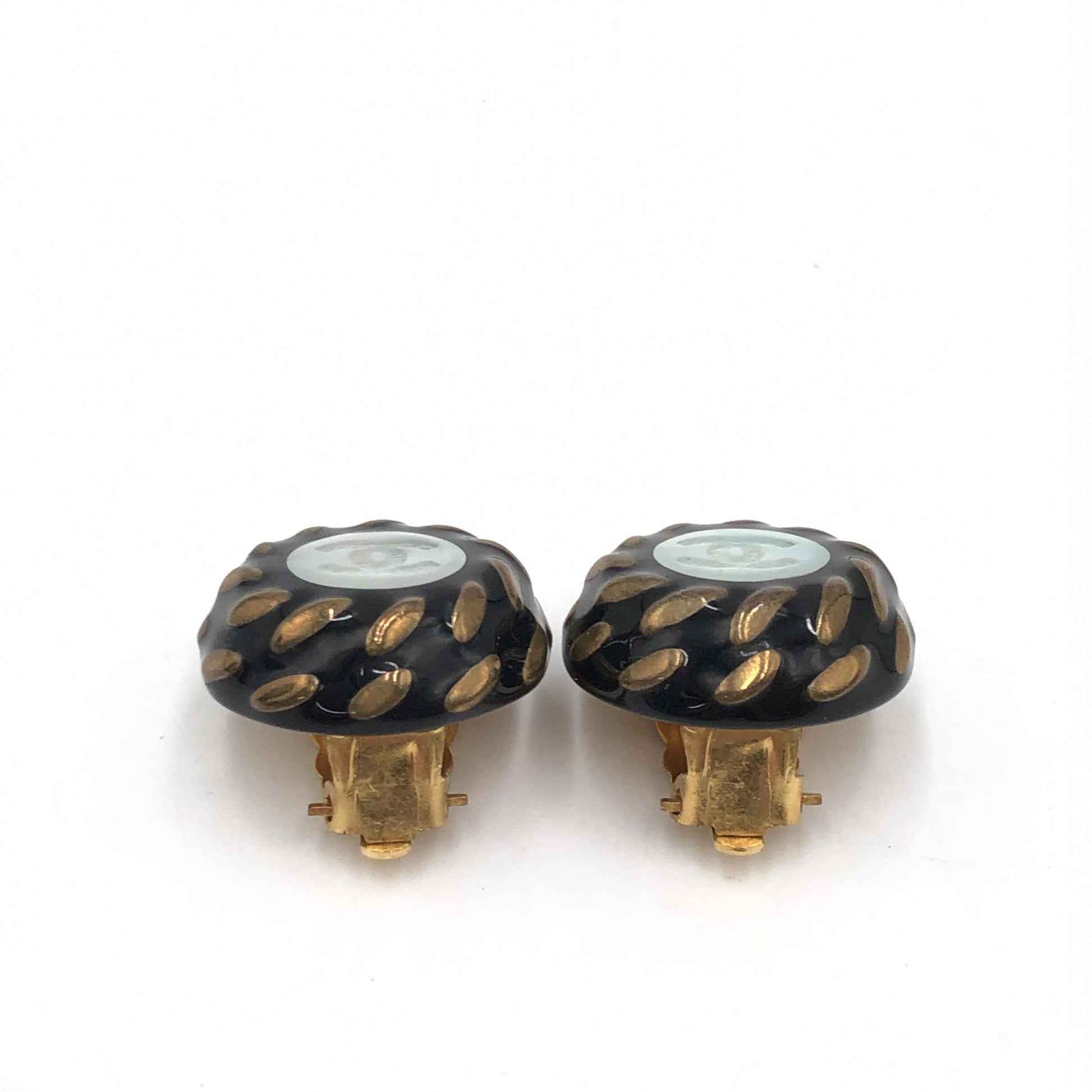 Chanel CC Button Clip-On Earrings - Preloved Elegance in Black, White, and Gold