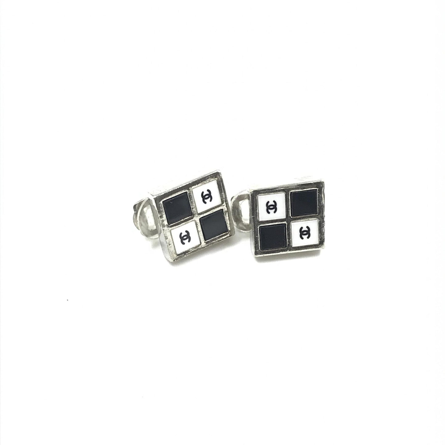 Chanel Preloved Coco Mark Earrings in Black, White, and Silver - Timeless Elegance with Vintage Charm