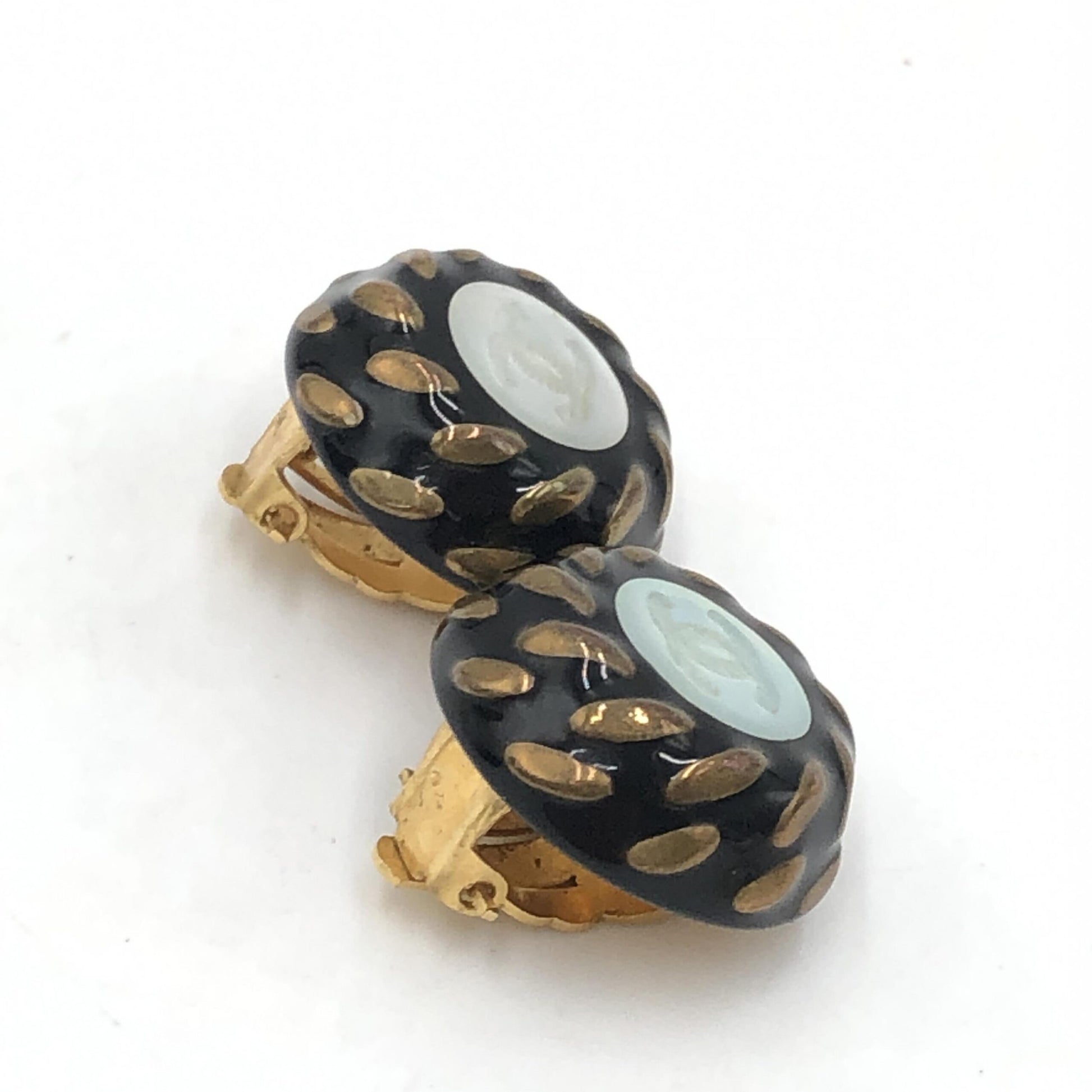 Chanel CC Button Clip-On Earrings - Preloved Elegance in Black, White, and Gold