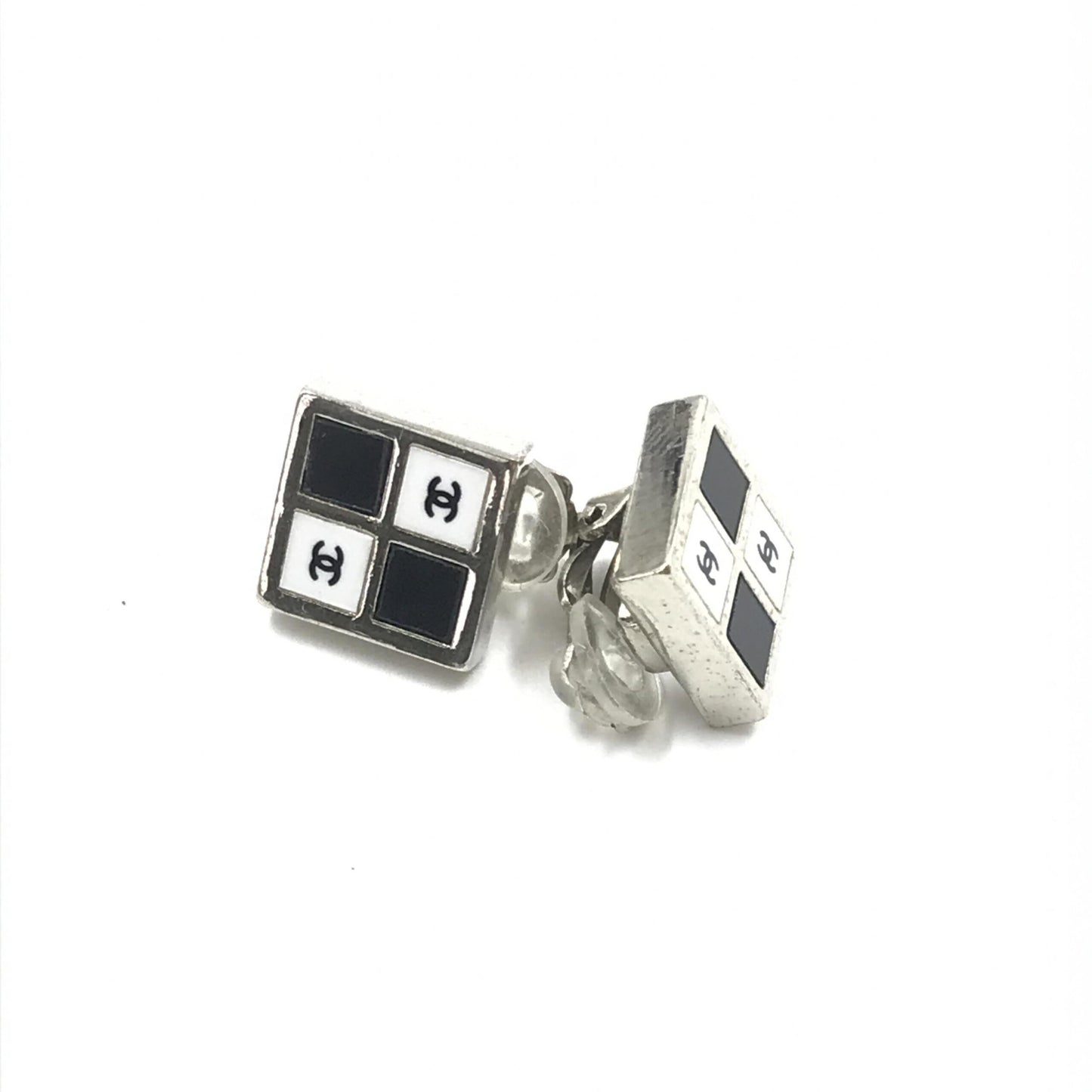 Chanel Preloved Coco Mark Earrings in Black, White, and Silver - Timeless Elegance with Vintage Charm