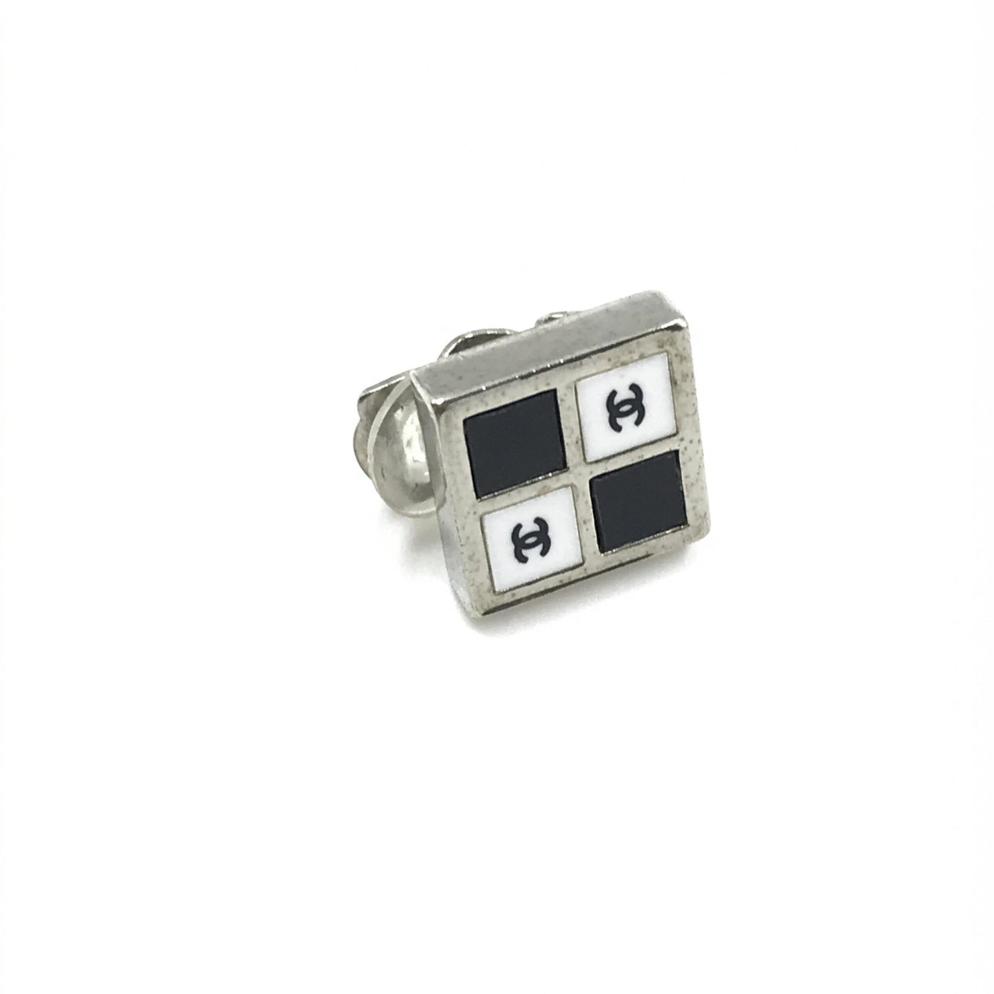 Chanel Preloved Coco Mark Earrings in Black, White, and Silver - Timeless Elegance with Vintage Charm