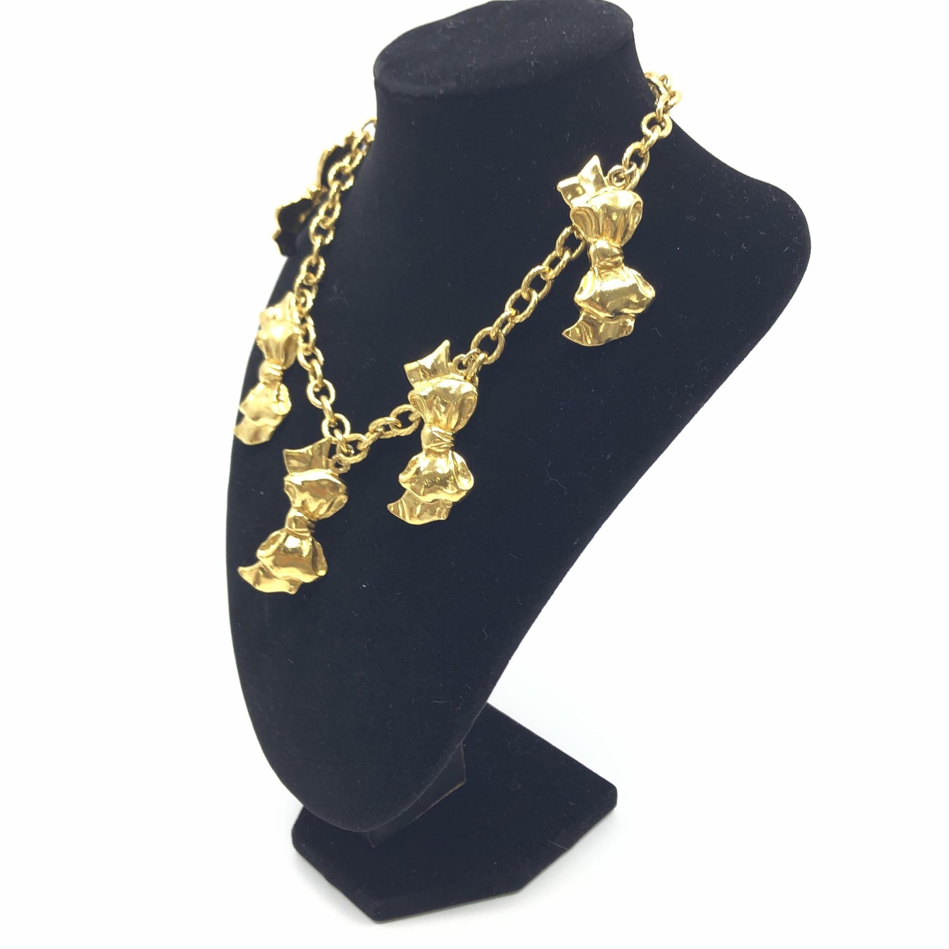 Chanel Gold Plated Chain Necklace With Bow Charms - Preloved