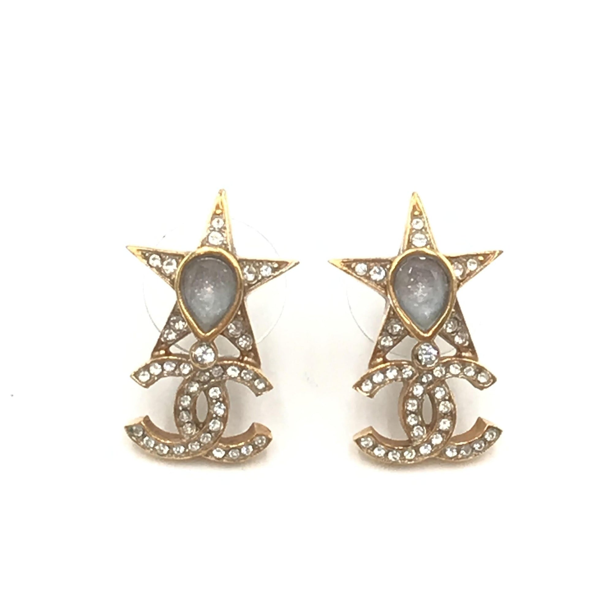 Chanel Preloved Gold Plated Star Coco Mark Earrings with Rhinestones – Timeless Elegance and Sophistication