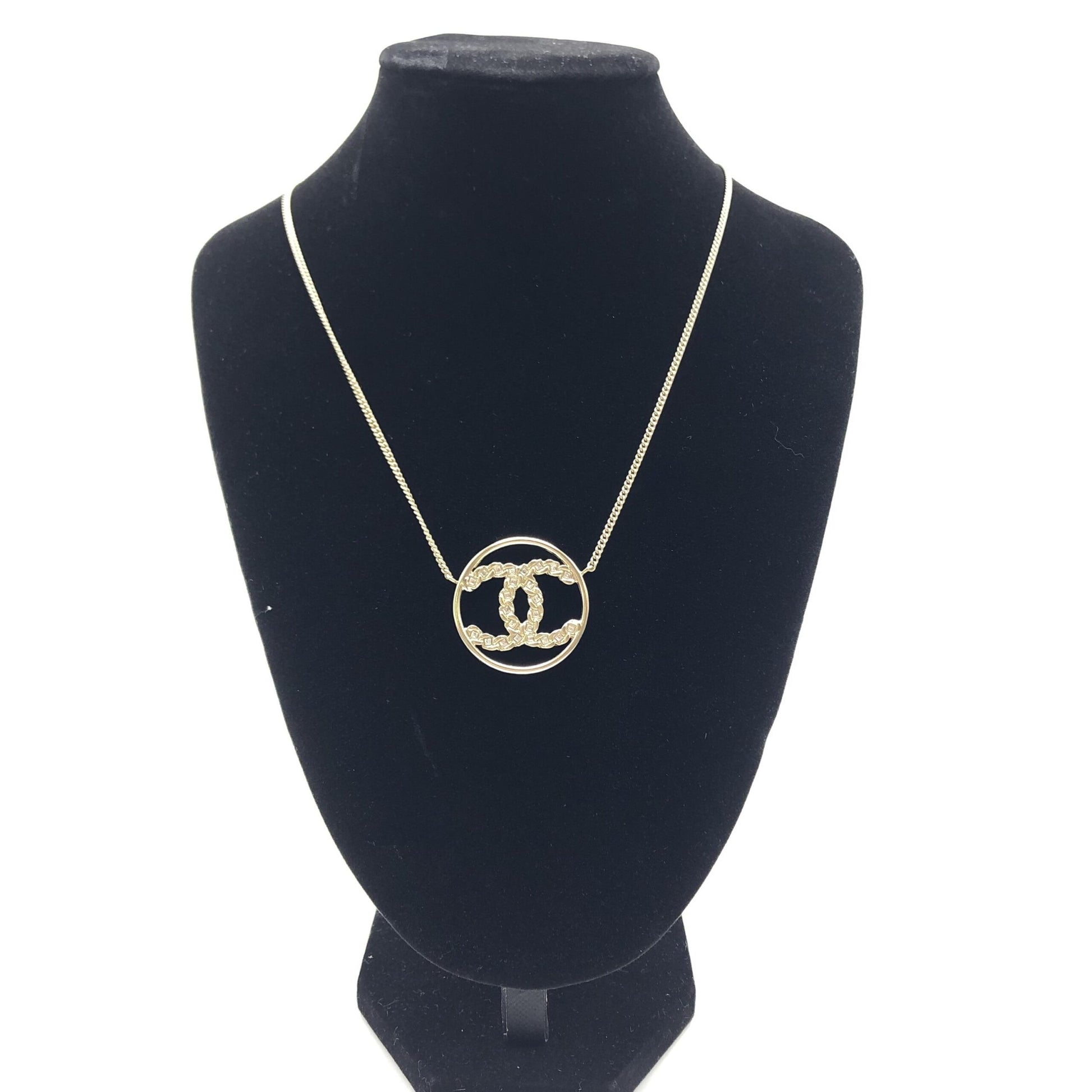 Chanel Preloved Gold Tone CC Circle Pendant Necklace with Rhinestones