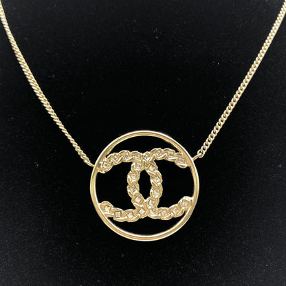 Chanel Preloved Gold Tone CC Circle Pendant Necklace with Rhinestones