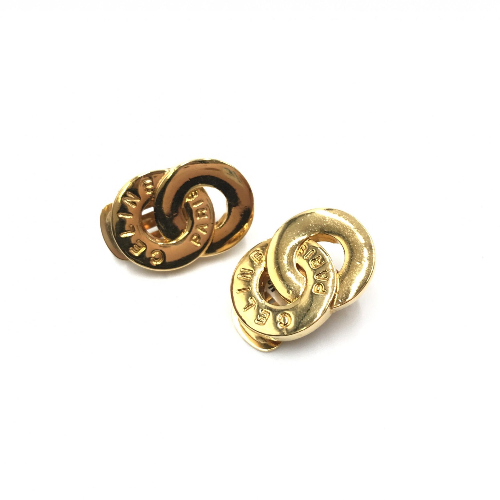 Celine Preloved Gold Tone Double Round Motif Earrings - A Timeless Elegant Statement