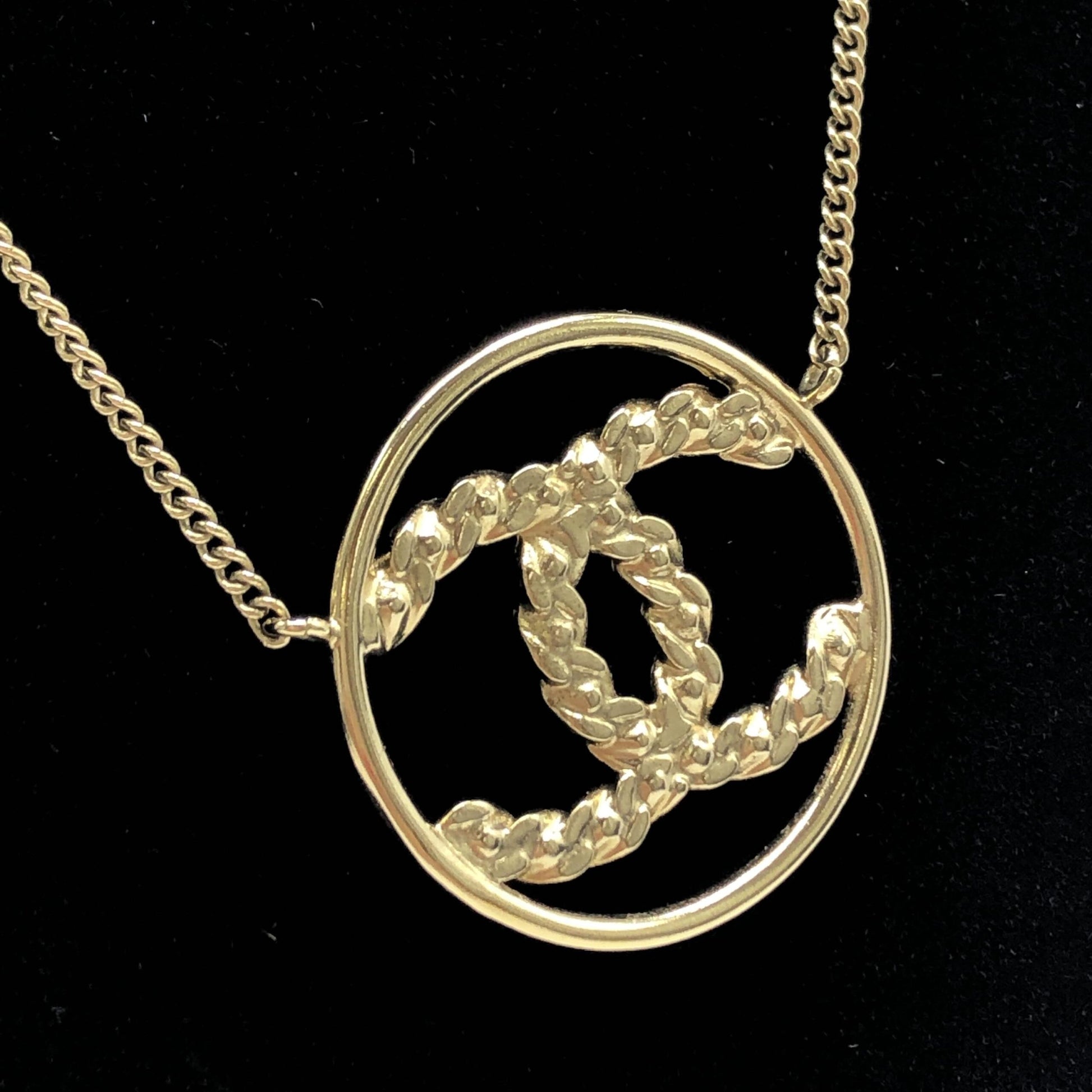 Chanel Preloved Gold Tone CC Circle Pendant Necklace with Rhinestones