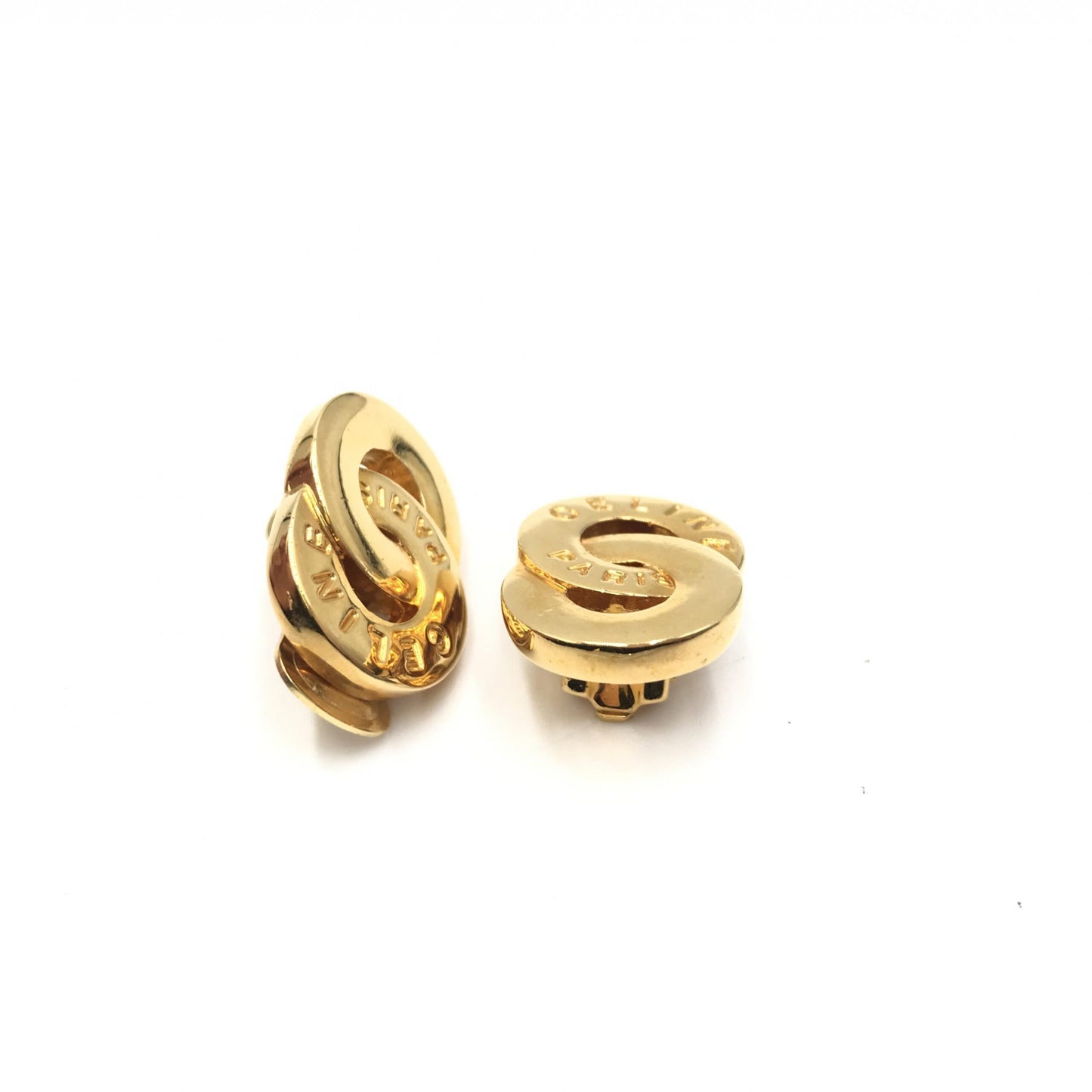 Celine Preloved Gold Tone Double Round Motif Earrings - A Timeless Elegant Statement