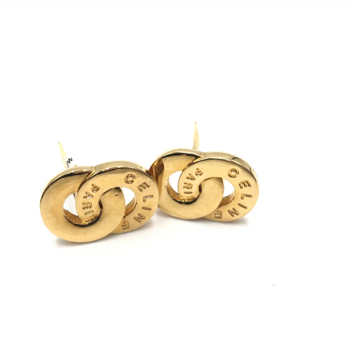 Celine Preloved Gold Tone Double Round Motif Earrings - A Timeless Elegant Statement