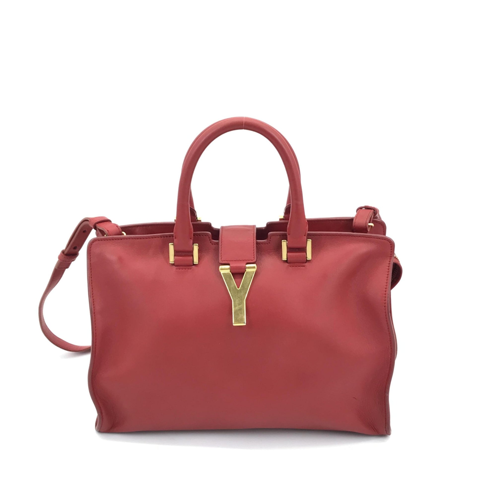 Saint Laurent Preloved Red Leather Handbag with Y Logo - A Timeless Accessory in Good Condition