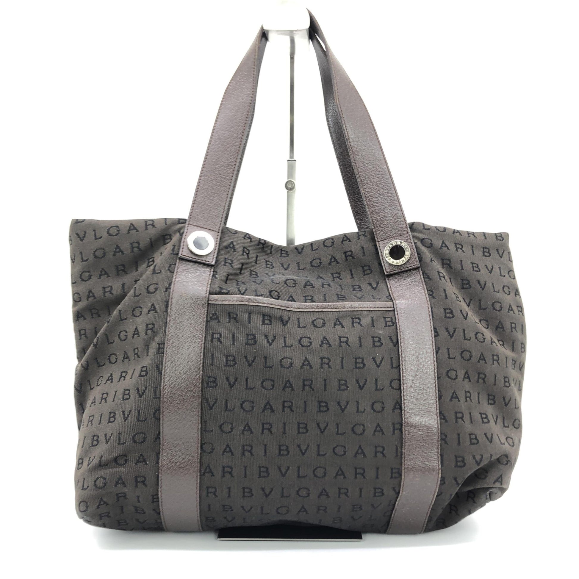 Bulgari Preloved Logo Canvas Tote Bag with Pockets – Timeless Elegance in Brown