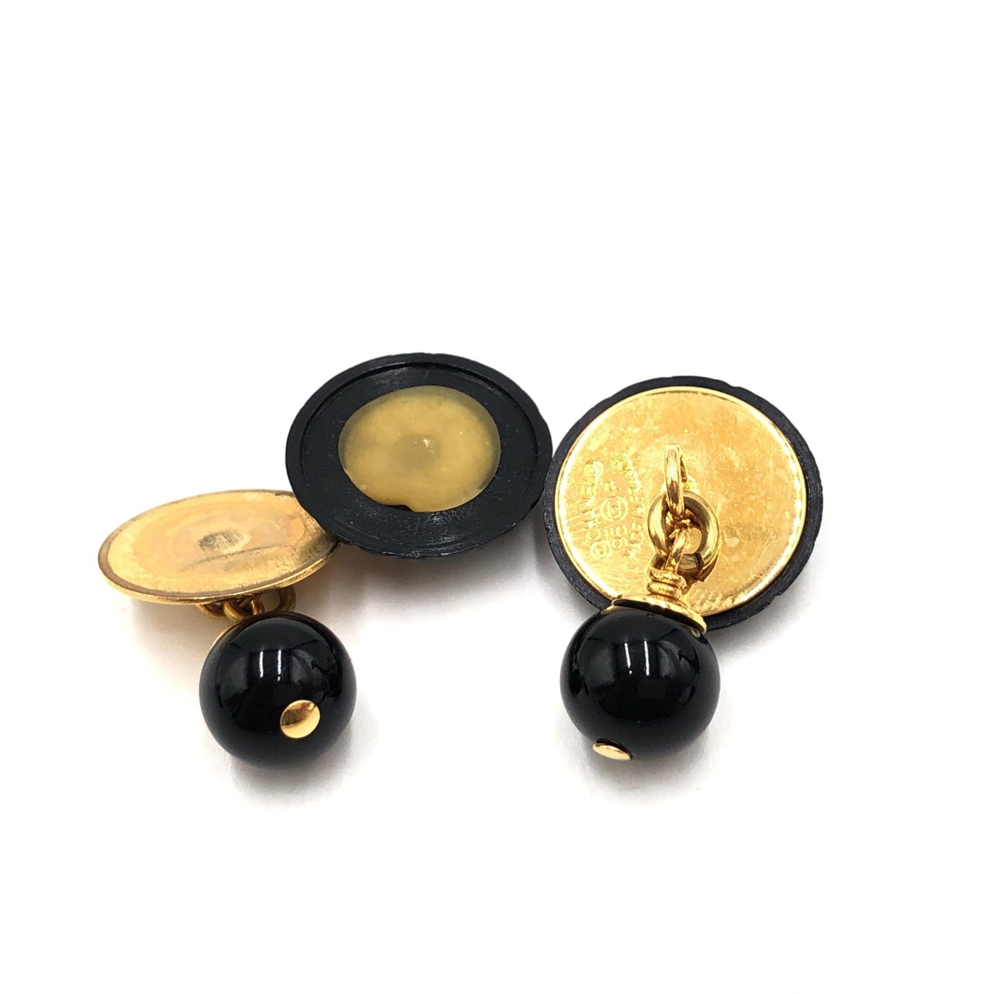 Chanel Matelasse Coco Mark Preloved Black Plastic Cufflinks with Minor Wear