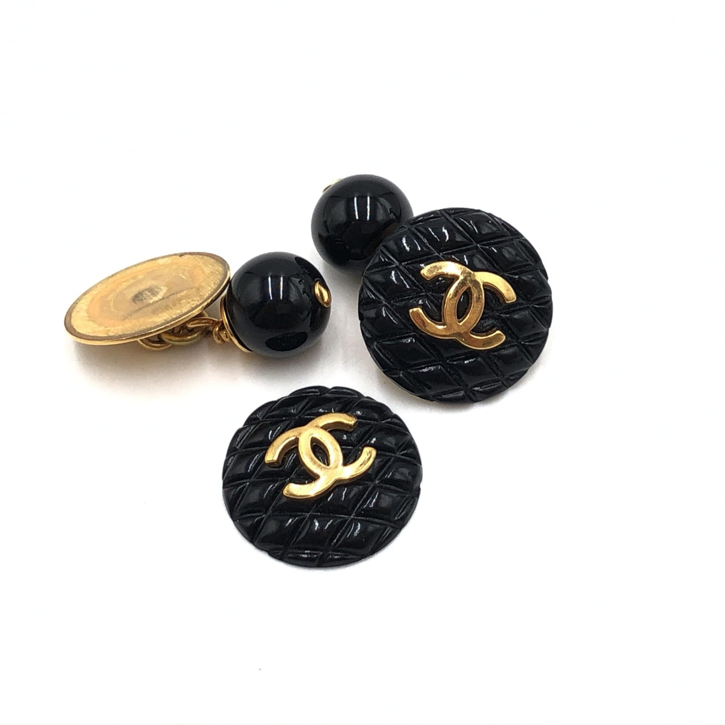 Chanel Matelasse Coco Mark Preloved Black Plastic Cufflinks with Minor Wear