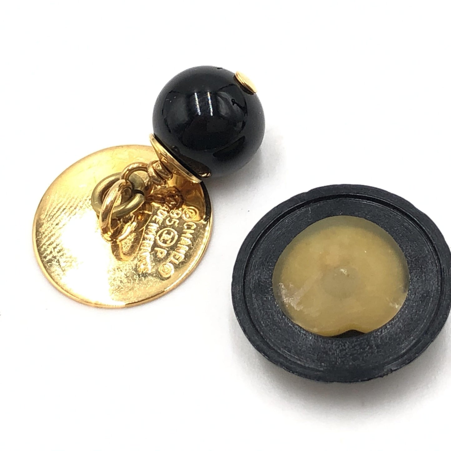 Chanel Matelasse Coco Mark Preloved Black Plastic Cufflinks with Minor Wear