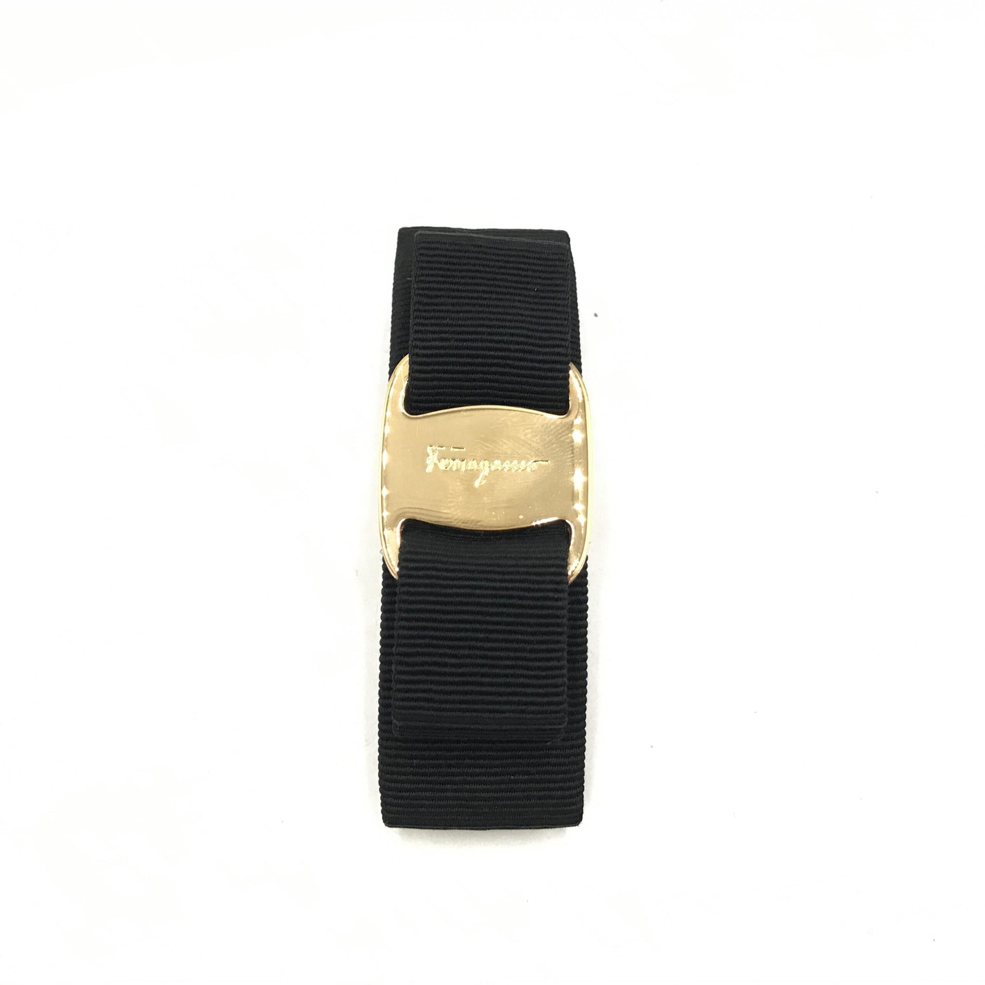 Salvatore Ferragamo Preloved Vara Hair Clip in Black with Gold Hardware – A Timeless Statement of Elegance