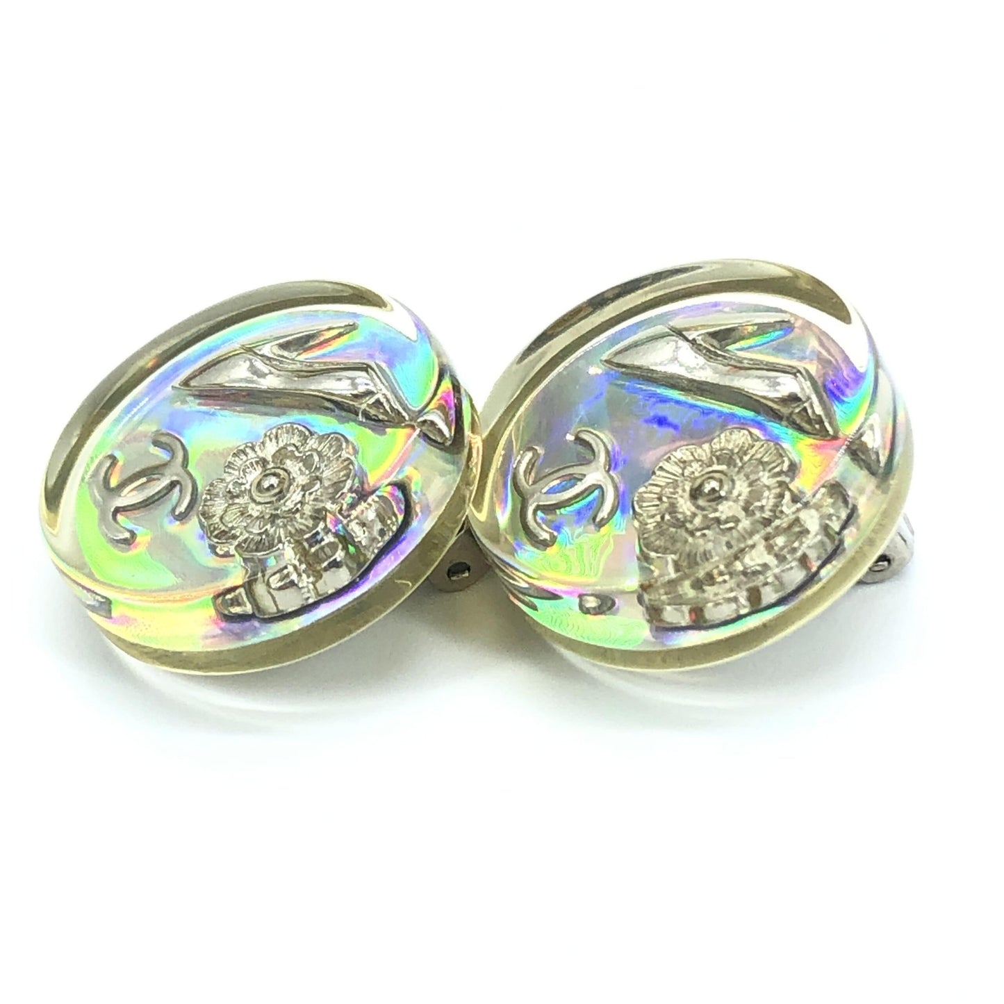 Chanel Vintage Holographic Logo Clip-On Earrings - Exquisite Preloved Elegance