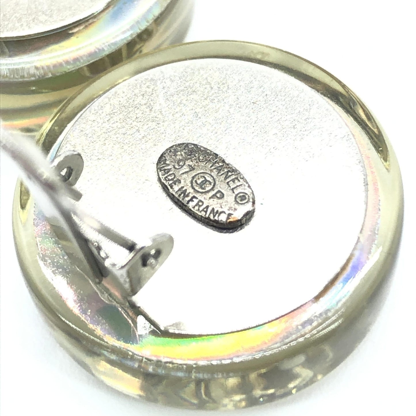 Chanel Vintage Holographic Logo Clip-On Earrings - Exquisite Preloved Elegance