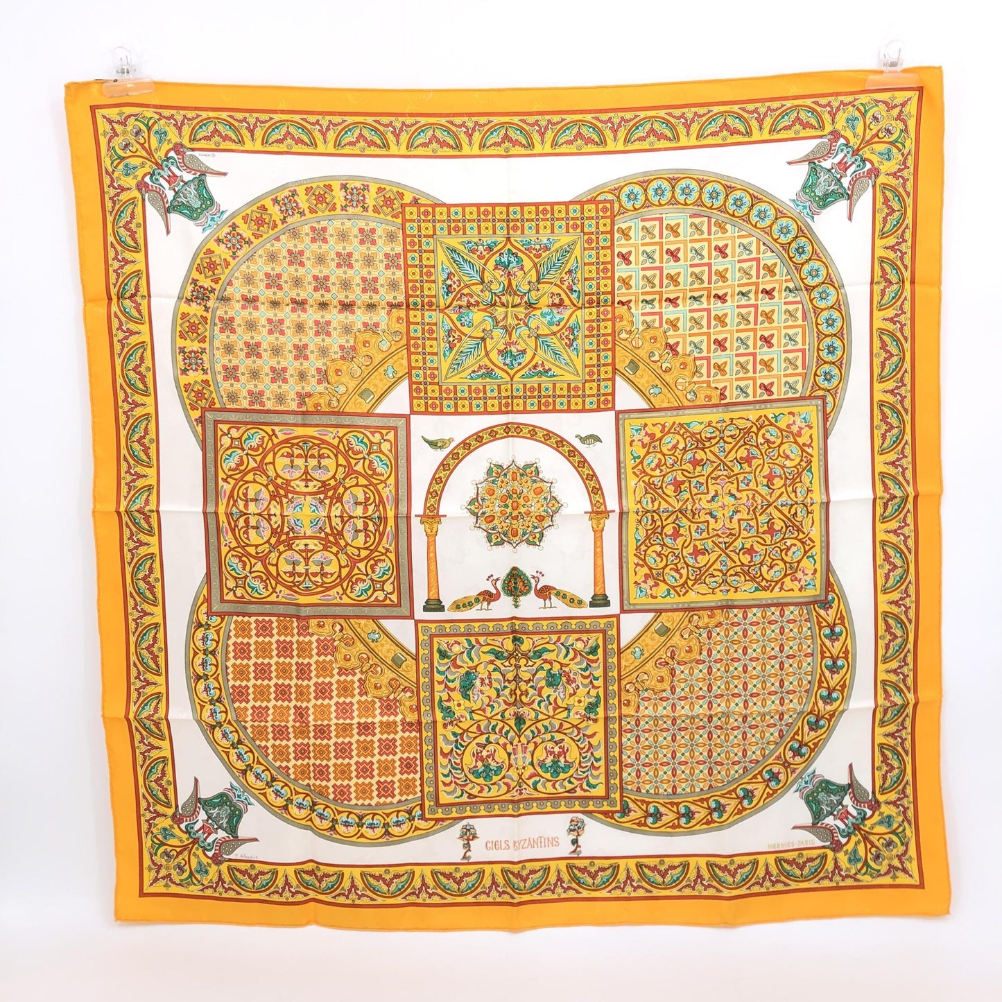 Hermès Preloved HERMÈS Carré 45 "CIELS BYZANTINS" 100% Silk Scarf in Pristine Yellow Opulence