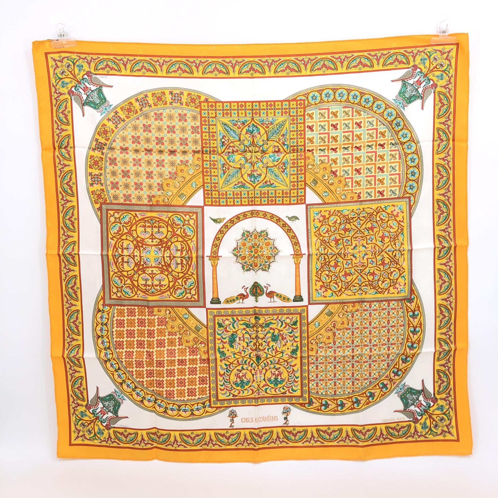 Hermès Preloved HERMÈS Carré 45 "CIELS BYZANTINS" 100% Silk Scarf in Pristine Yellow Opulence
