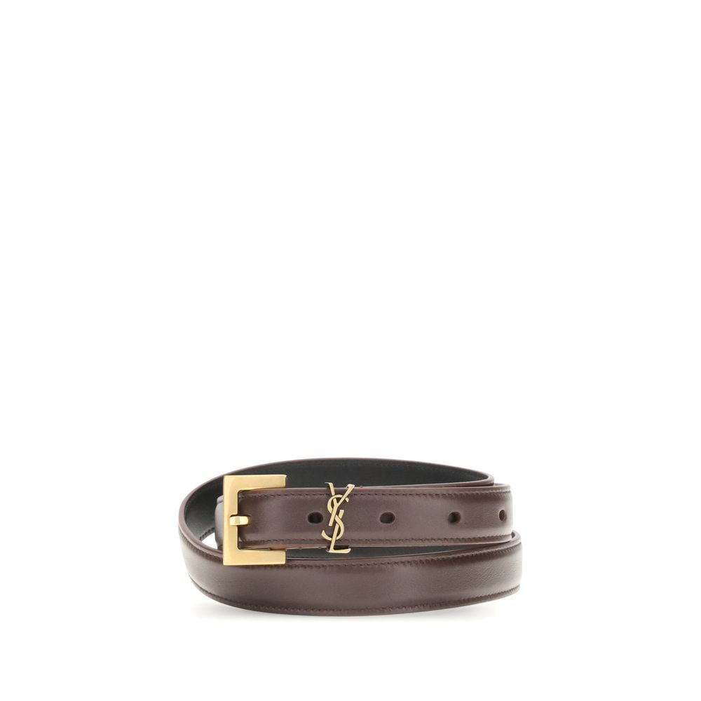 Saint Laurent Brown Calf Leather Cassandre Slim Belt