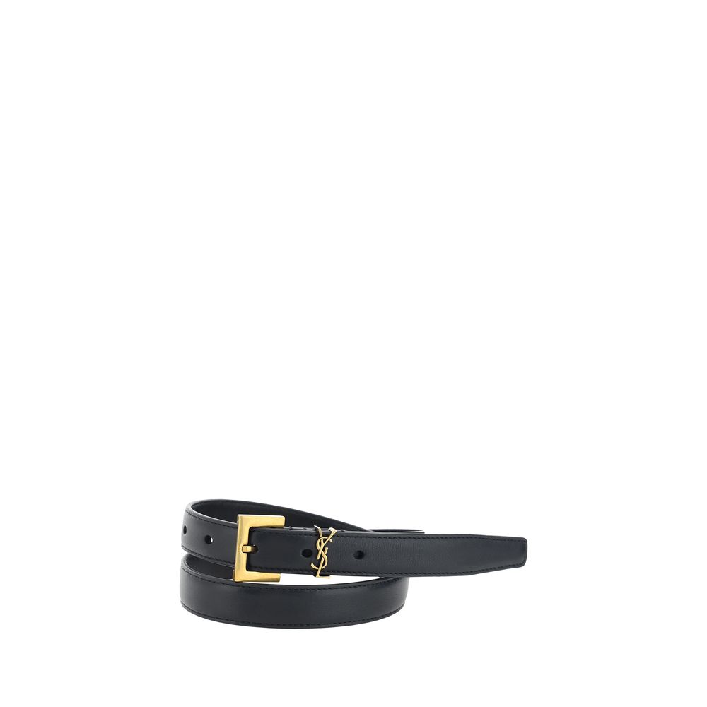 Saint Laurent Black Cassandre Thin Belt in Smooth Leather