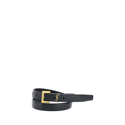 Saint Laurent Black Cassandre Thin Belt in Smooth Leather