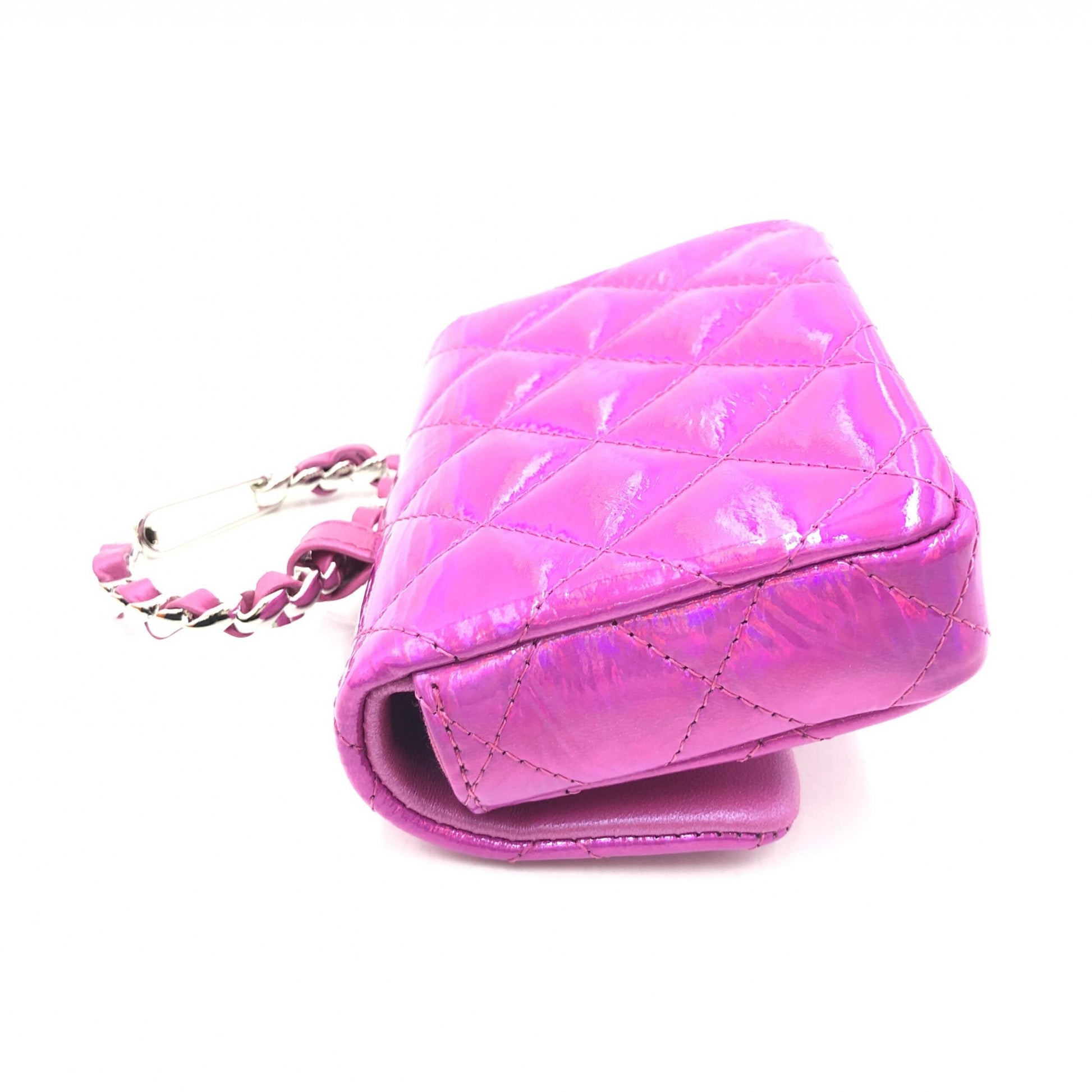 Chanel Iridescent Pink Preloved Quilted Leather Pouch with Mini Purple Charm