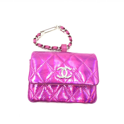 Chanel Iridescent Pink Preloved Quilted Leather Pouch with Mini Purple Charm