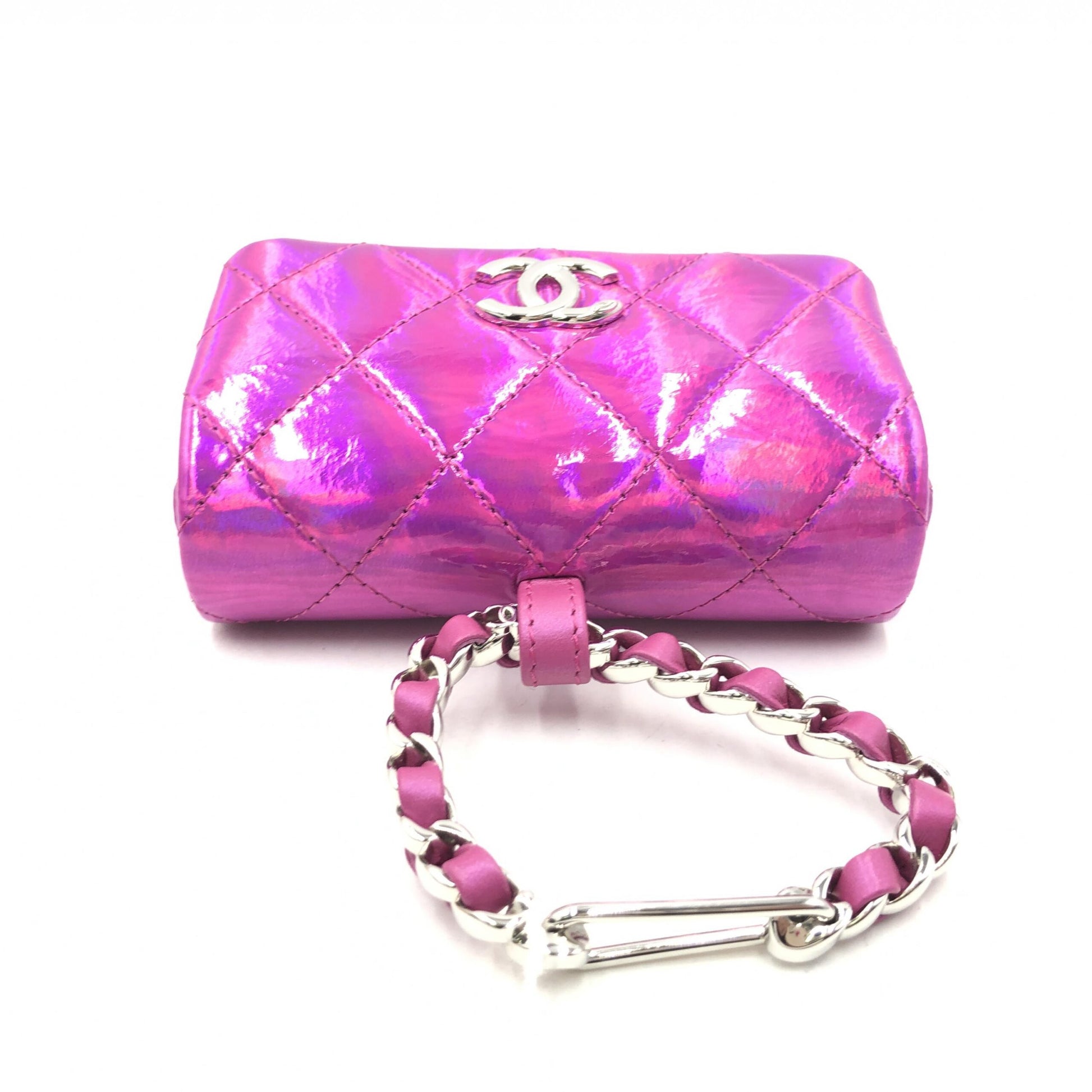 Chanel Iridescent Pink Preloved Quilted Leather Pouch with Mini Purple Charm
