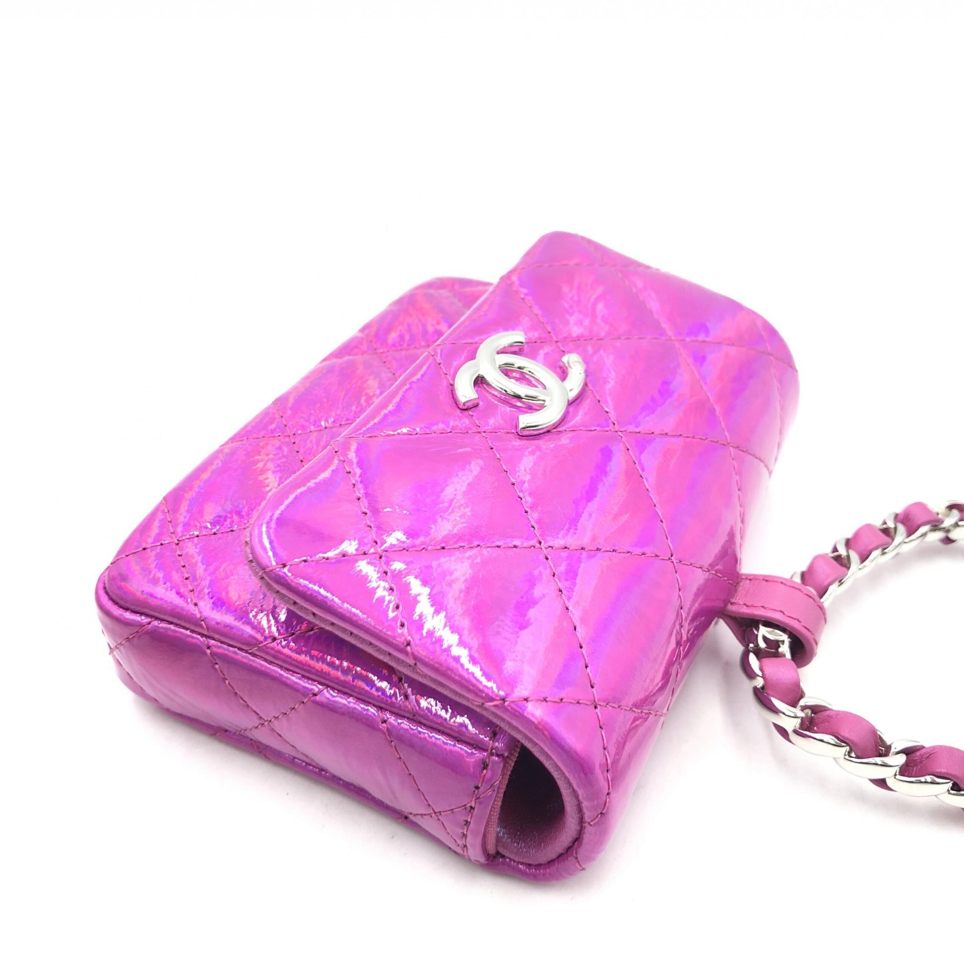 Chanel Iridescent Pink Preloved Quilted Leather Pouch with Mini Purple Charm