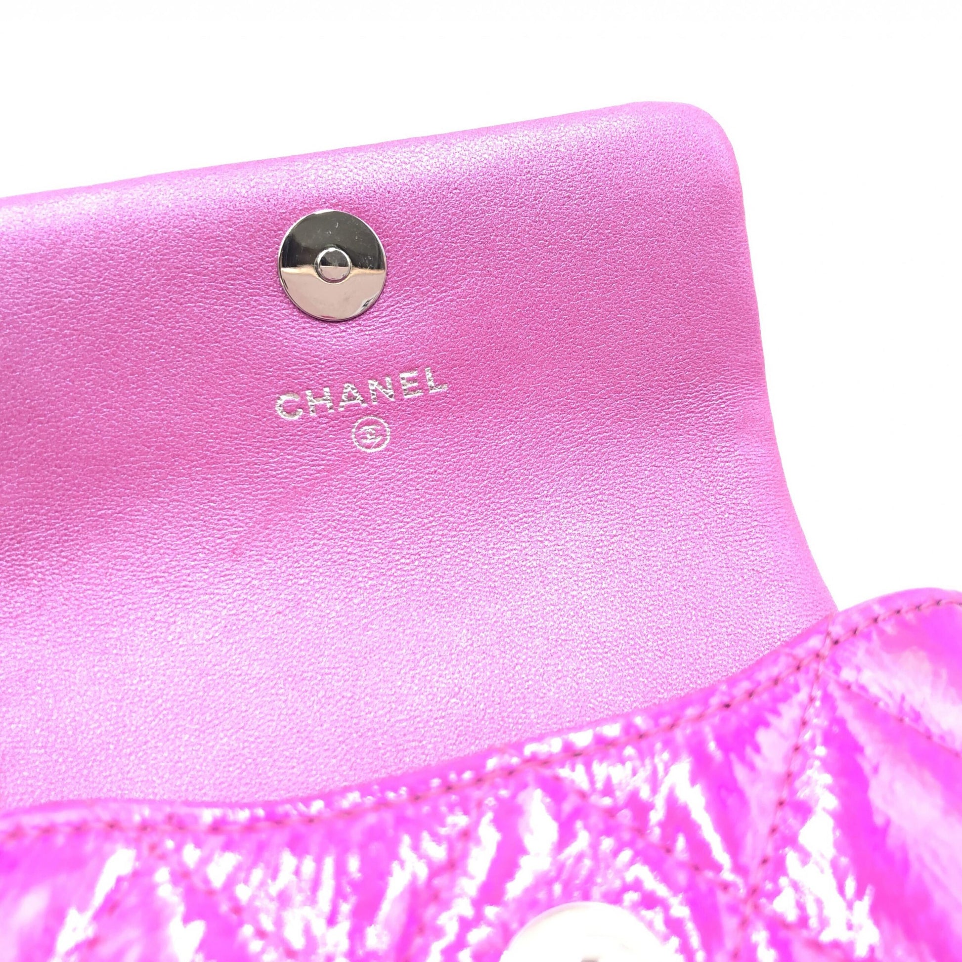Chanel Iridescent Pink Preloved Quilted Leather Pouch with Mini Purple Charm