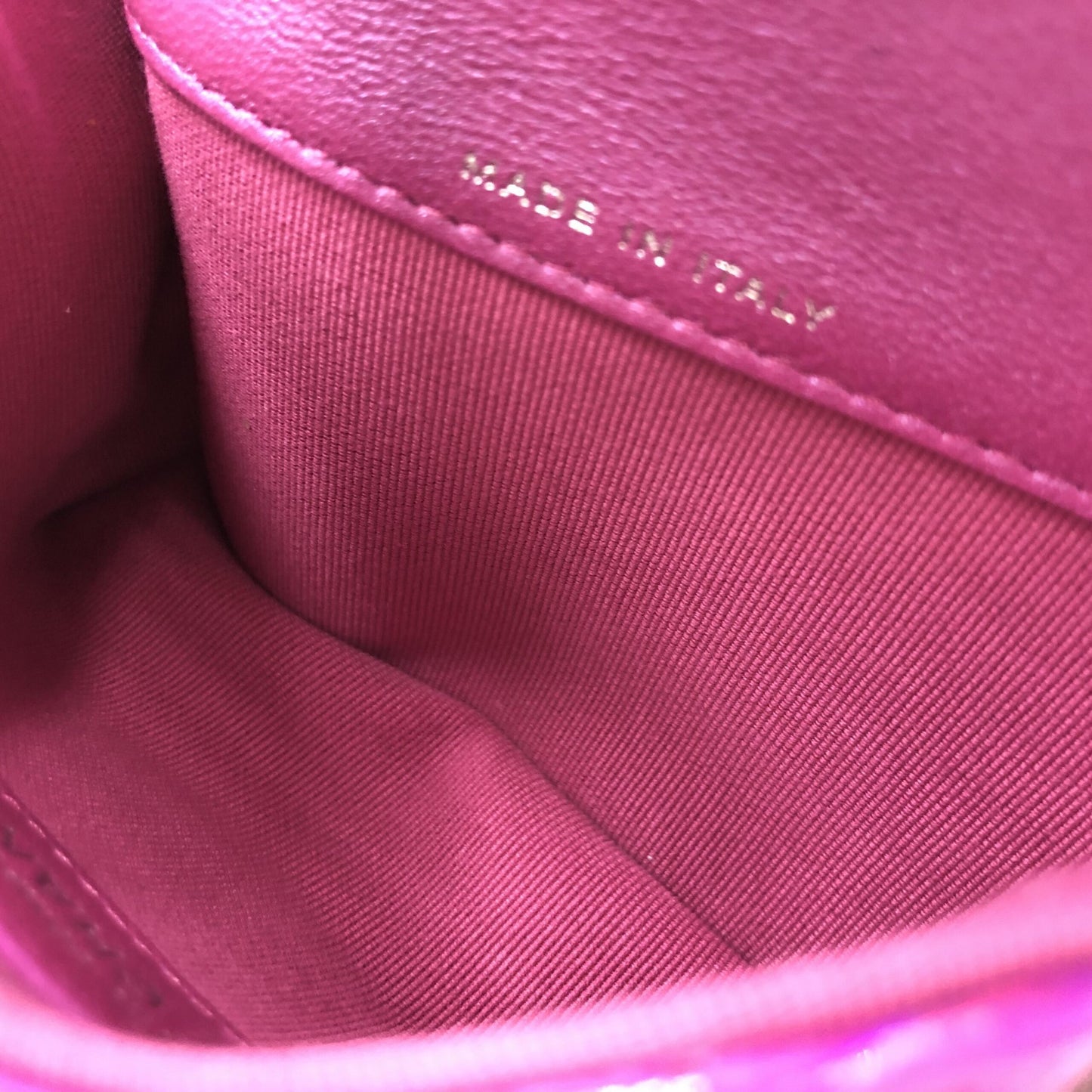 Chanel Iridescent Pink Preloved Quilted Leather Pouch with Mini Purple Charm