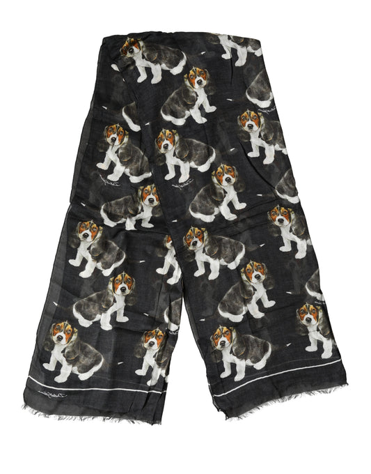 Dolce & Gabbana Black Modal Wool Dog Print Fringed 178cm x 64cm Scarf