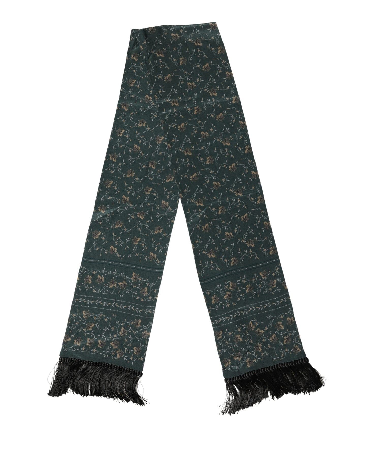 Dolce & Gabbana Green Silk Floral Pattern Fringed Scarf