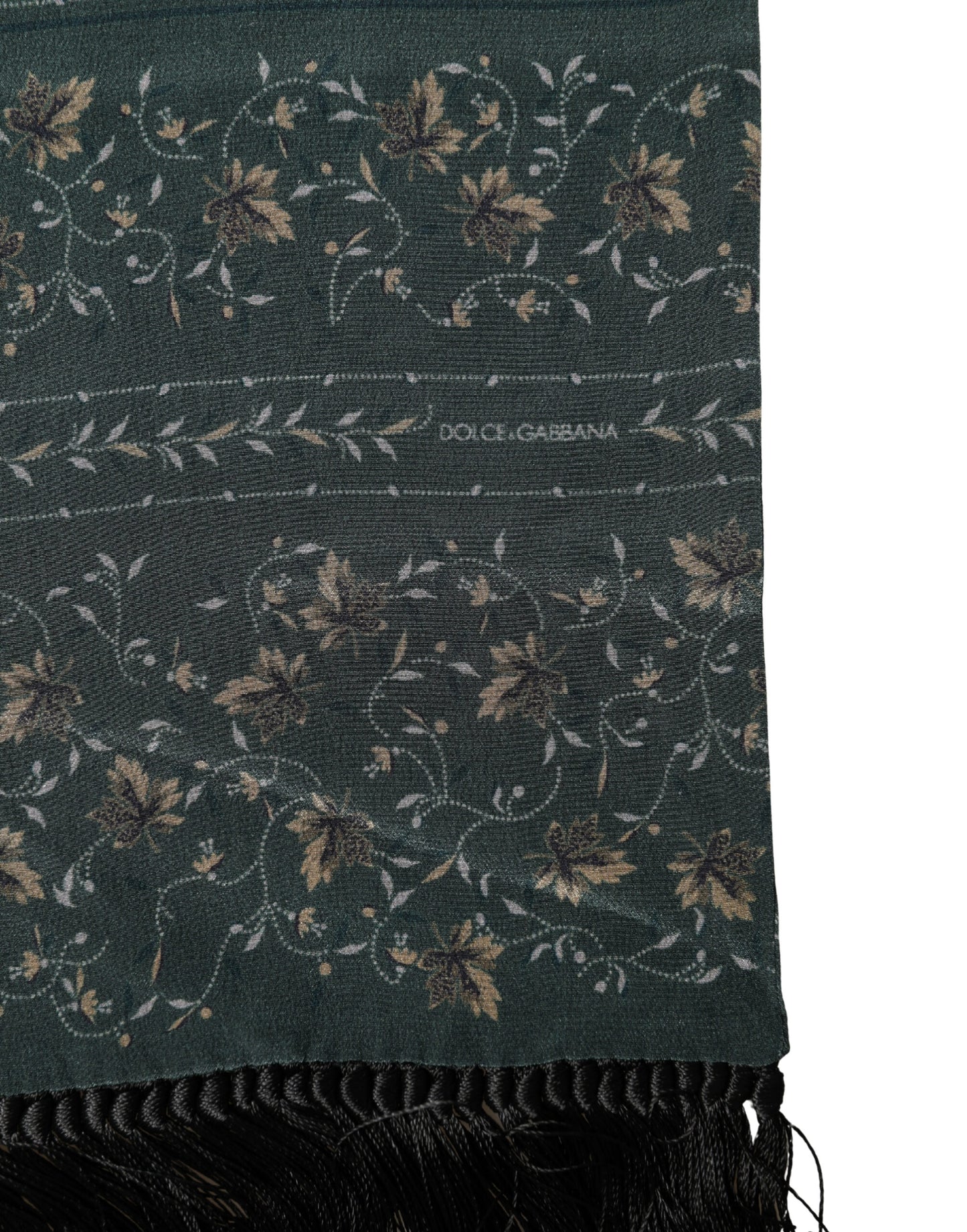 Dolce & Gabbana Green Silk Floral Pattern Fringed Scarf