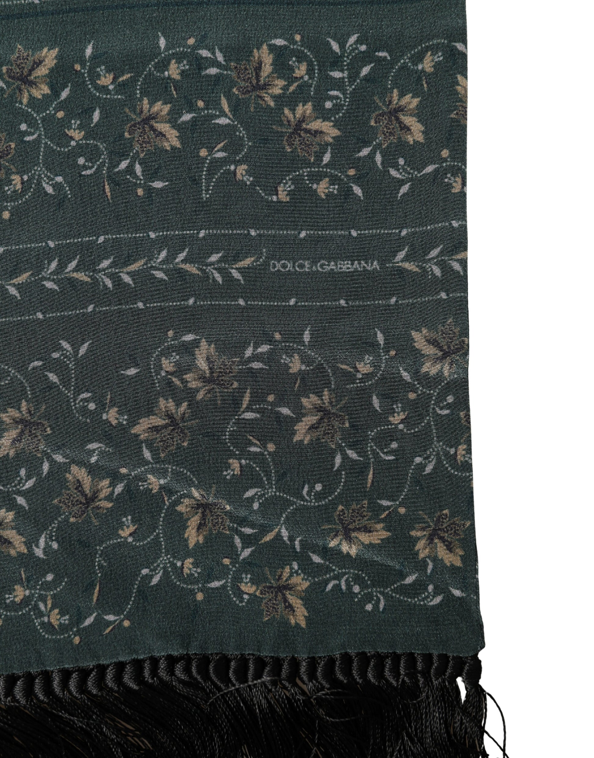 Dolce & Gabbana Green Silk Floral Pattern Fringed Scarf