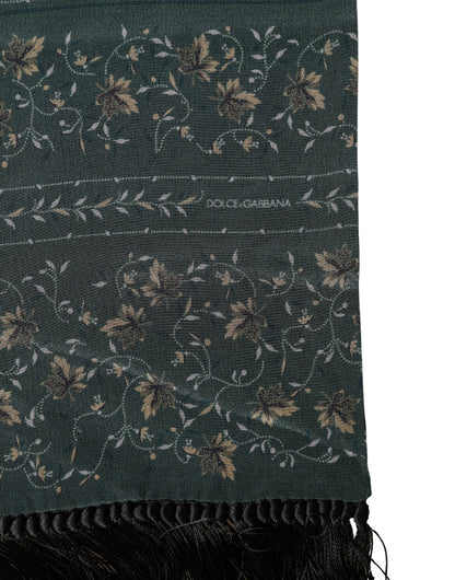 Dolce & Gabbana Green Silk Floral Pattern Fringed Scarf