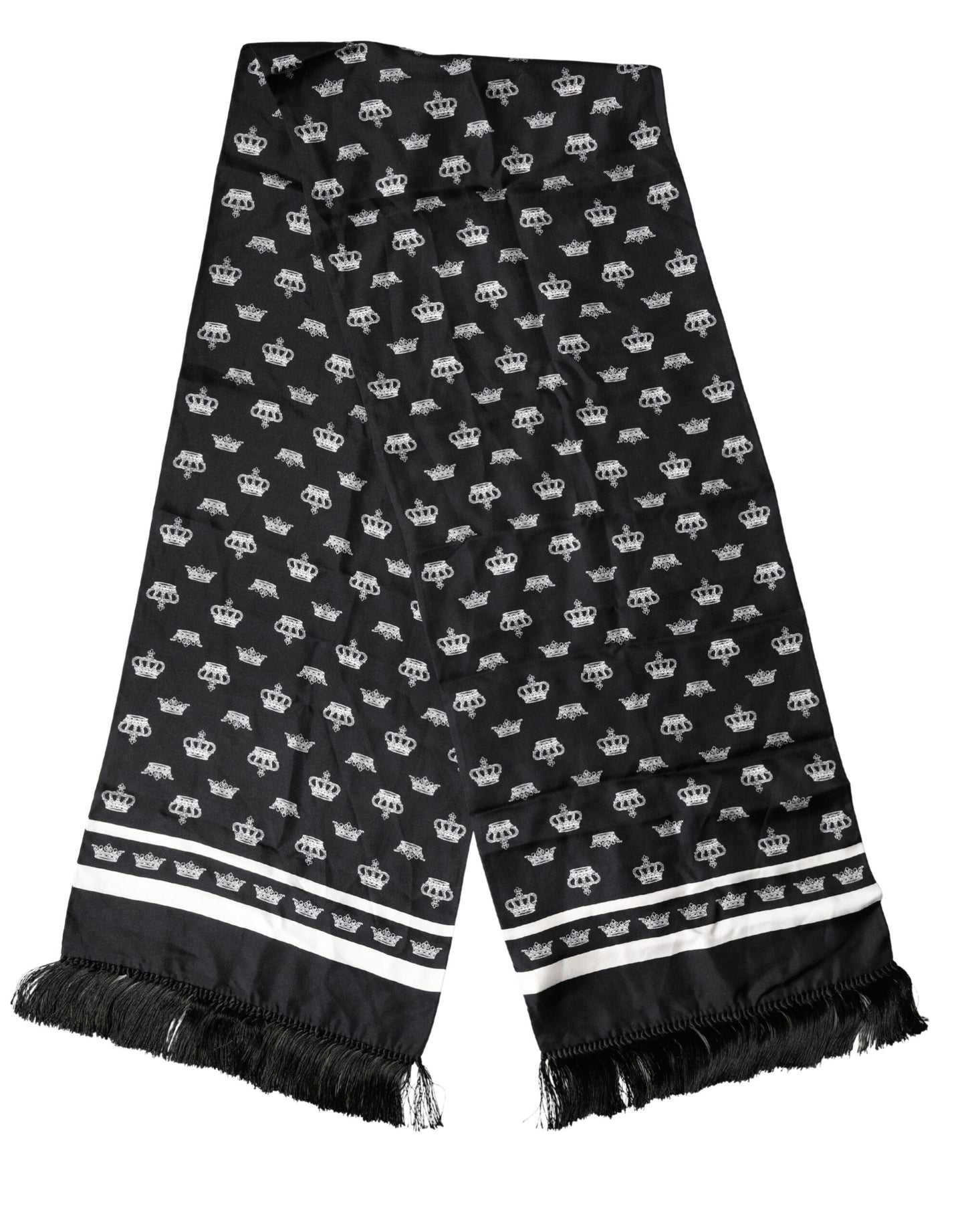 Dolce & Gabbana Black Silk Crown Fringe Neck Wrap Scarf