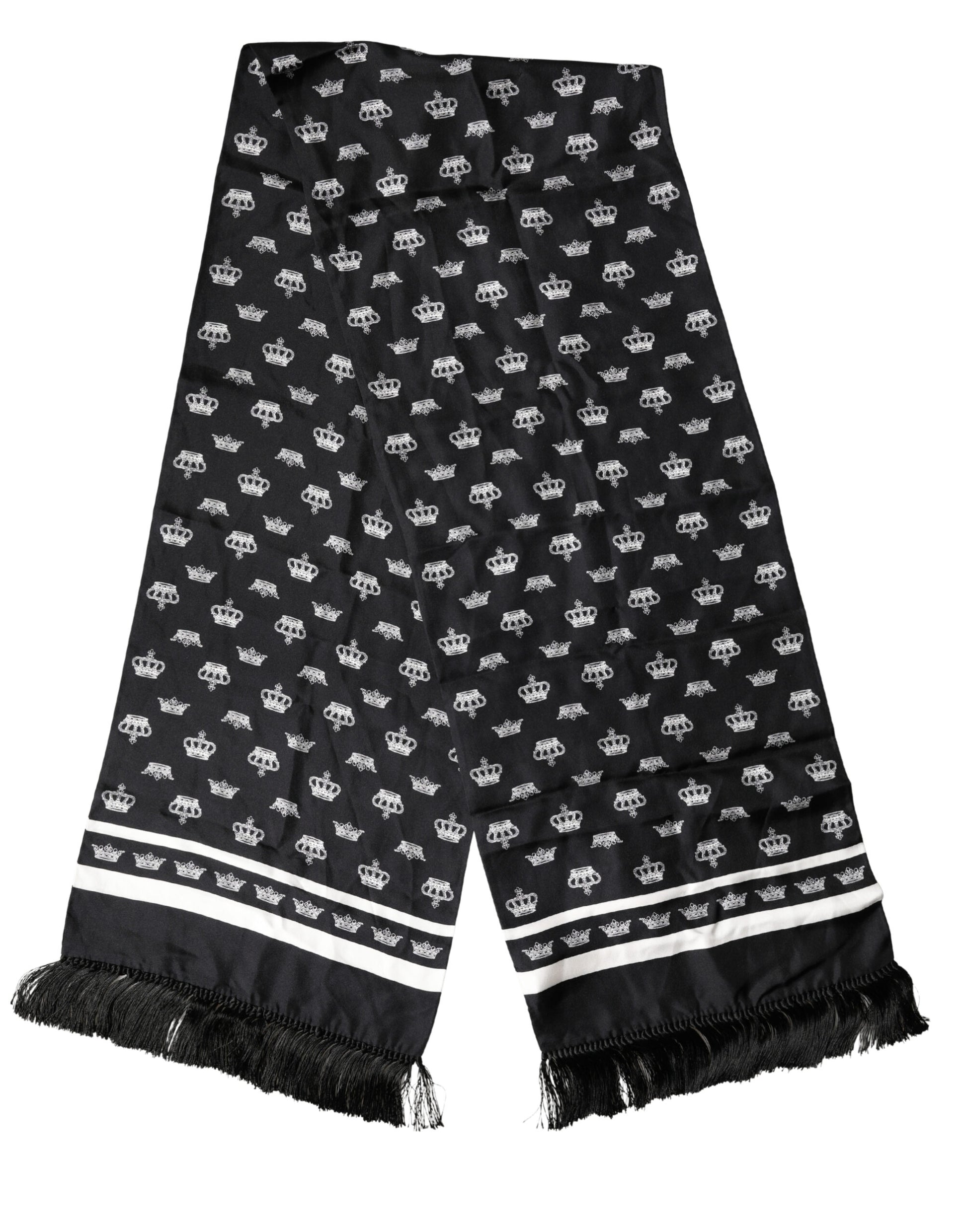 Dolce & Gabbana Black Silk Crown Fringe Neck Wrap Scarf