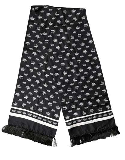 Dolce & Gabbana Black Silk Crown Fringe Neck Wrap Scarf