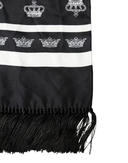 Dolce & Gabbana Black Silk Crown Fringe Neck Wrap Scarf