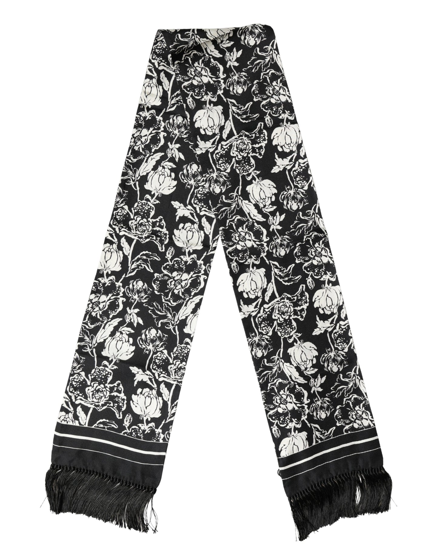 Dolce & Gabbana Black & White Silk Floral Print Fringe Scarf