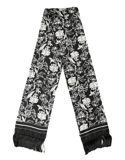 Dolce & Gabbana Black & White Silk Floral Print Fringe Scarf