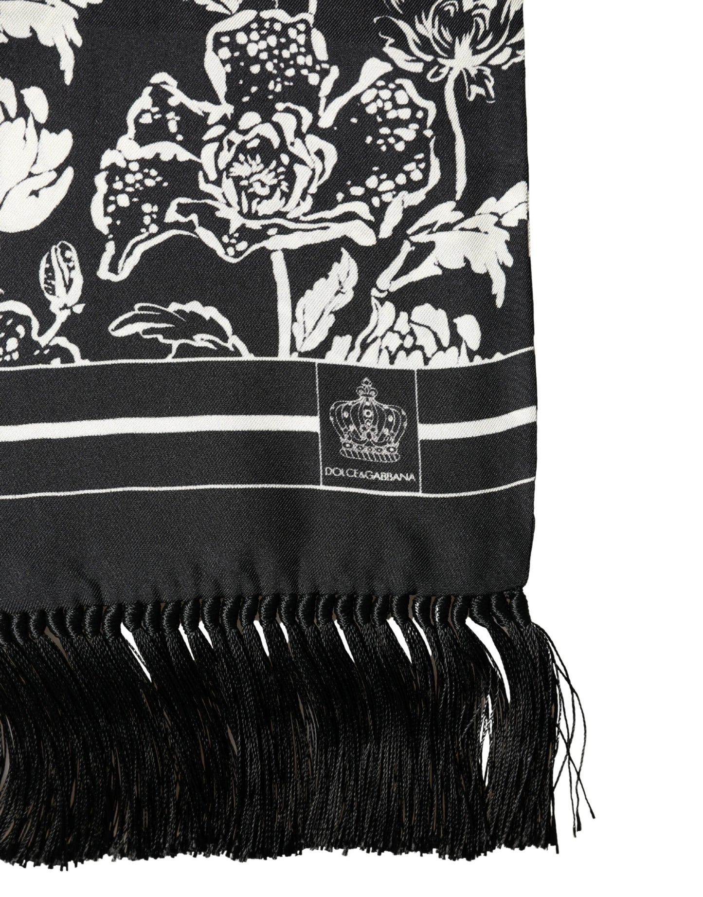 Dolce & Gabbana Black & White Silk Floral Print Fringe Scarf