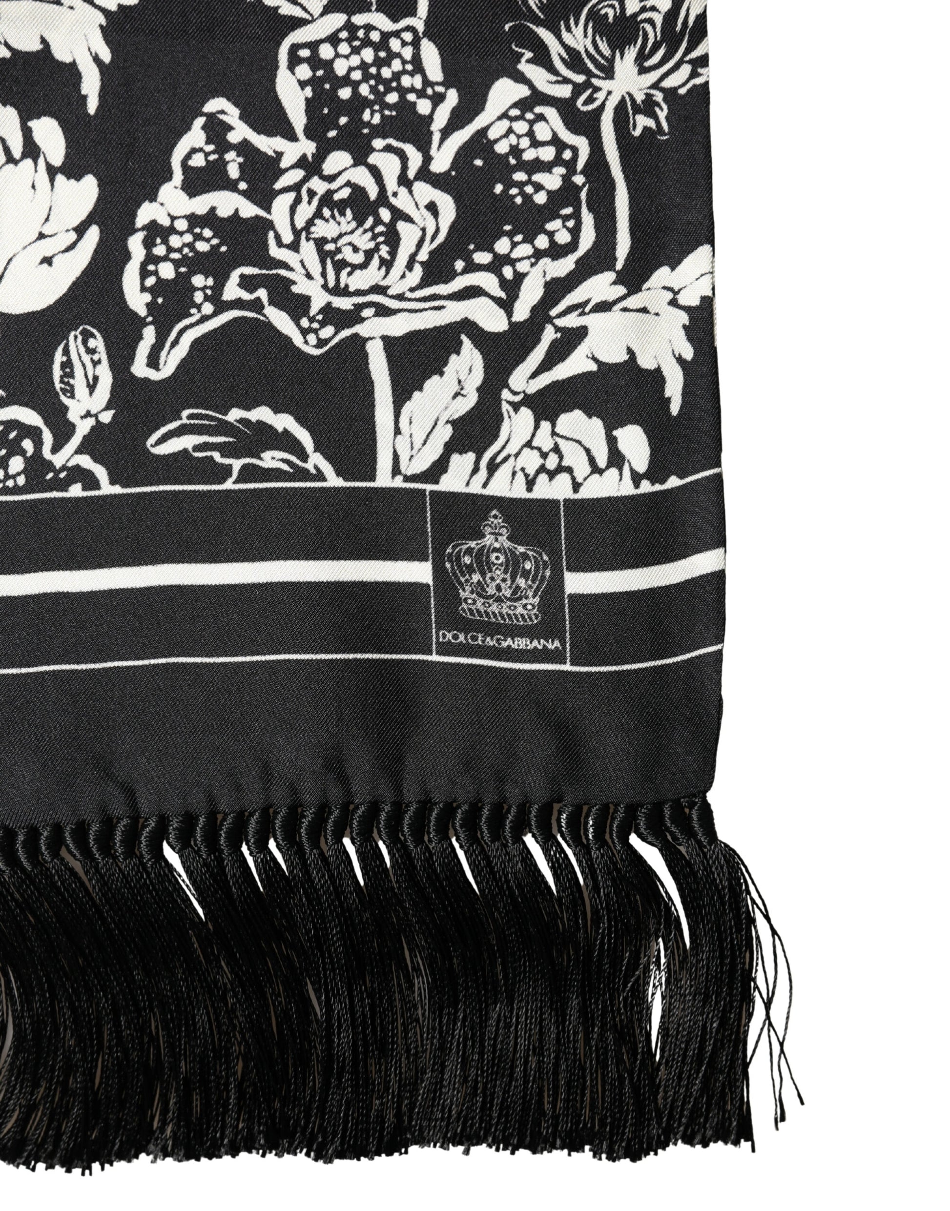 Dolce & Gabbana Black & White Silk Floral Print Fringe Scarf