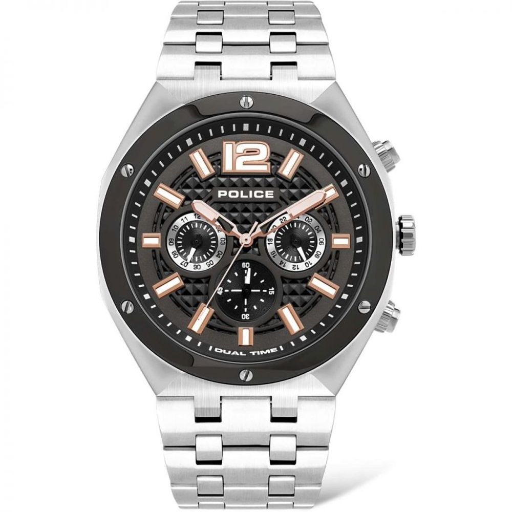 Police Men's Grey Stainless Steel Dress Watch with Dual Time