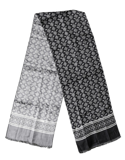 Dolce & Gabbana Black Gray Silk Bird Fringe Wrap Foulard Scarf