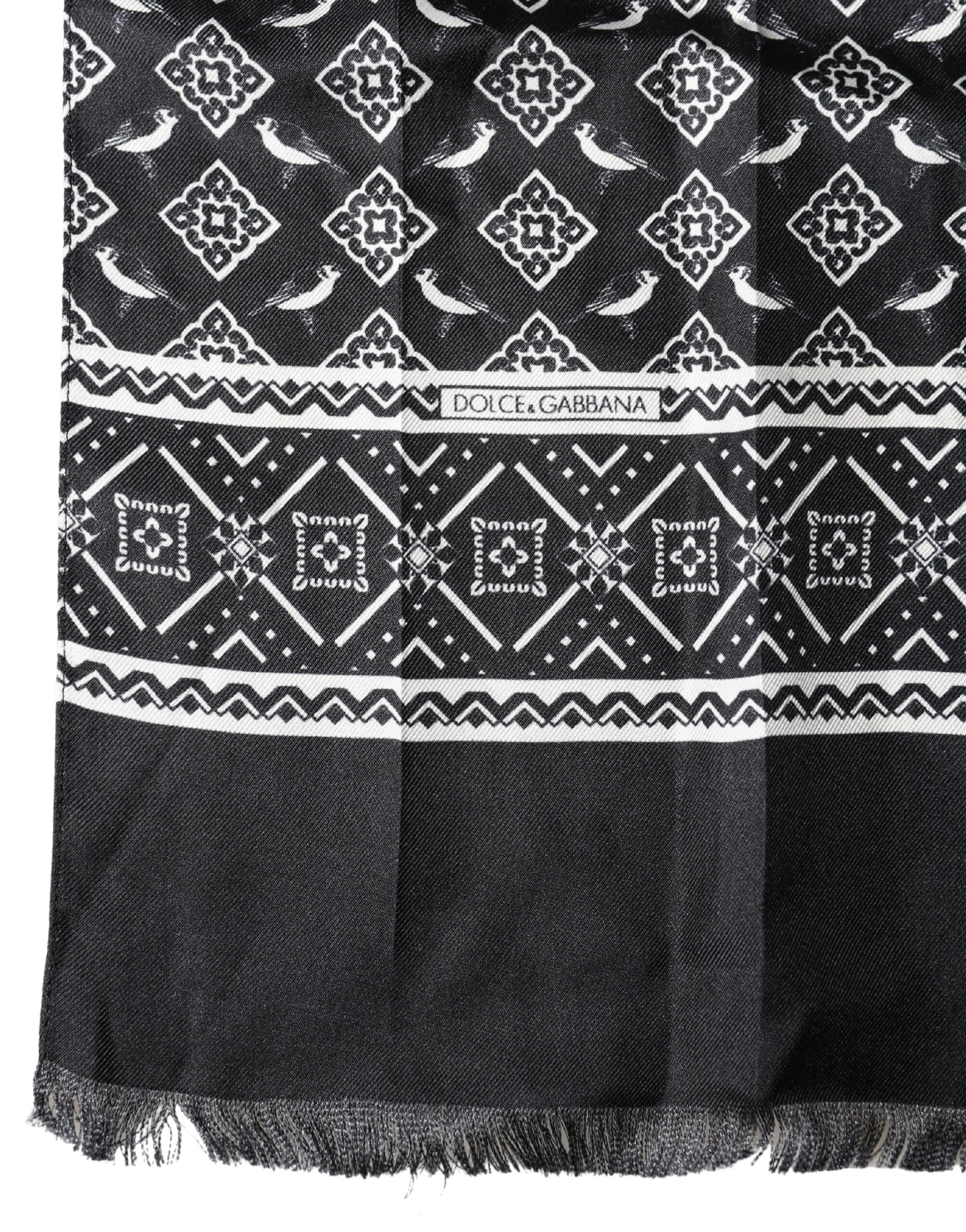 Dolce & Gabbana Black Gray Silk Bird Fringe Wrap Foulard Scarf