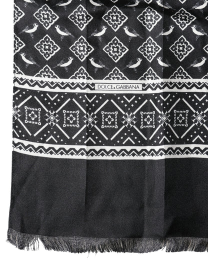 Dolce & Gabbana Black Gray Silk Bird Fringe Wrap Foulard Scarf